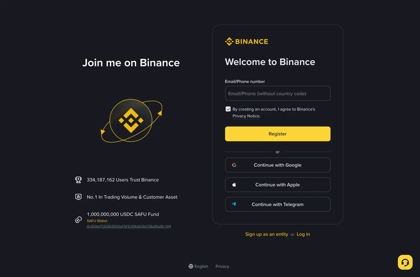 Binance sign-up page with a single Email/Phone number field, a Privacy Notice checkbox, a Register button, and options to continue with Google, Apple or Telegram