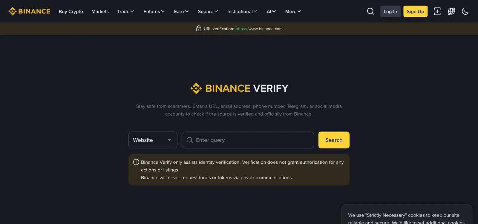 Binance Verify page where users can enter a website, email address, phone number, Telegram or social media account to check whether it is an official Binance channel