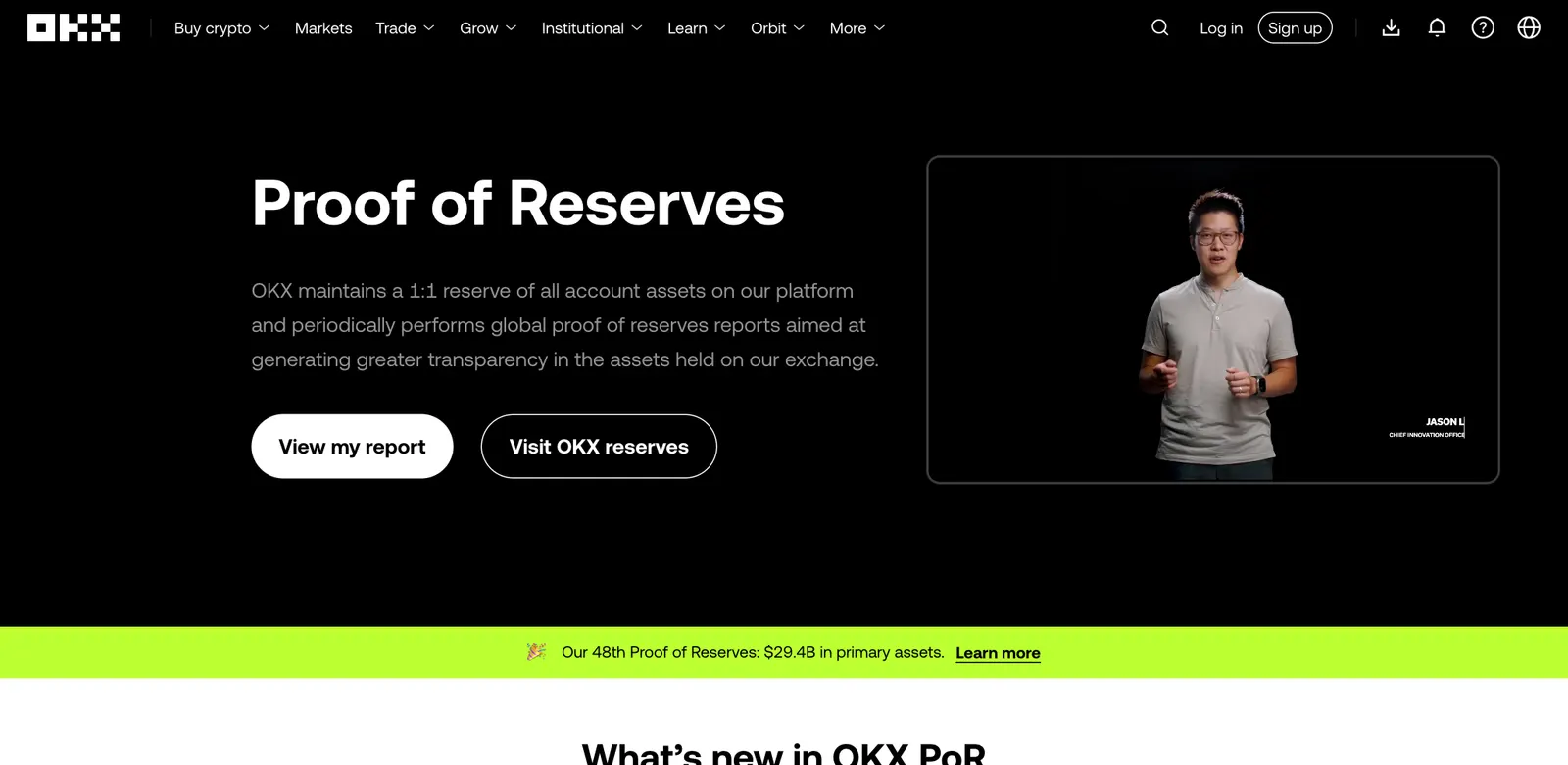 OKX Proof of Reserves page stating that OKX maintains a 1:1 reserve of all account assets, with View my report and Visit OKX reserves buttons