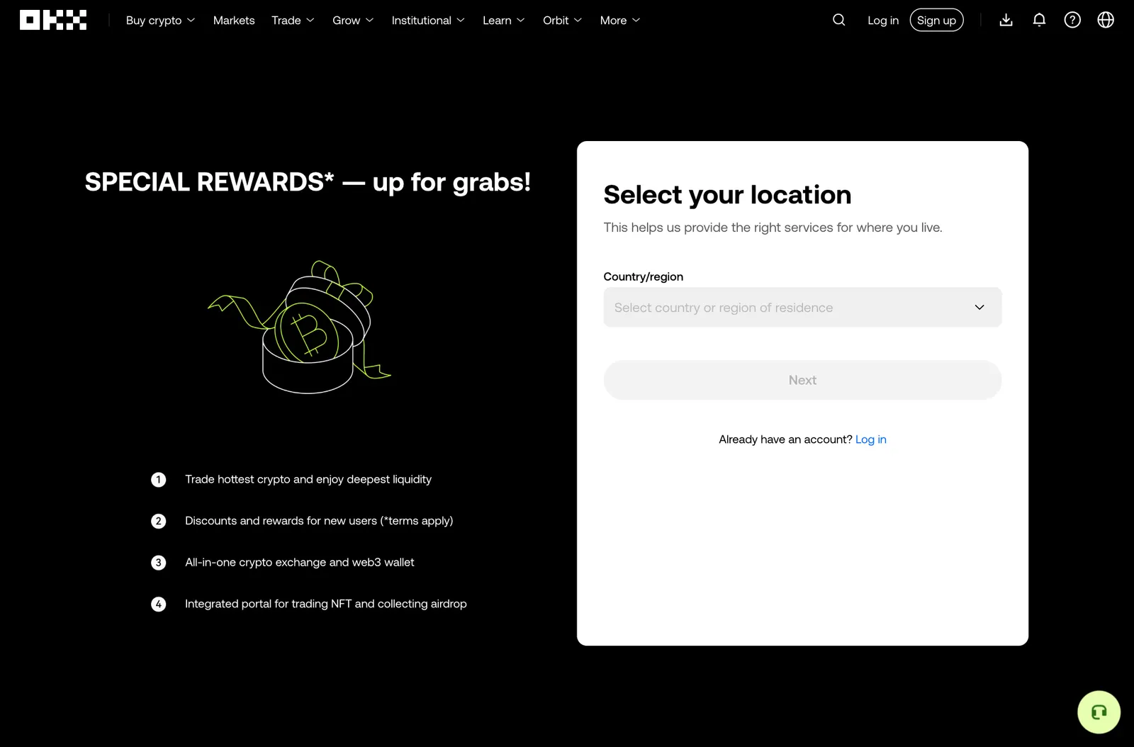 OKX sign-up page opened from a referral link, showing the first step, Select your location, with a Country/region dropdown and a Next button