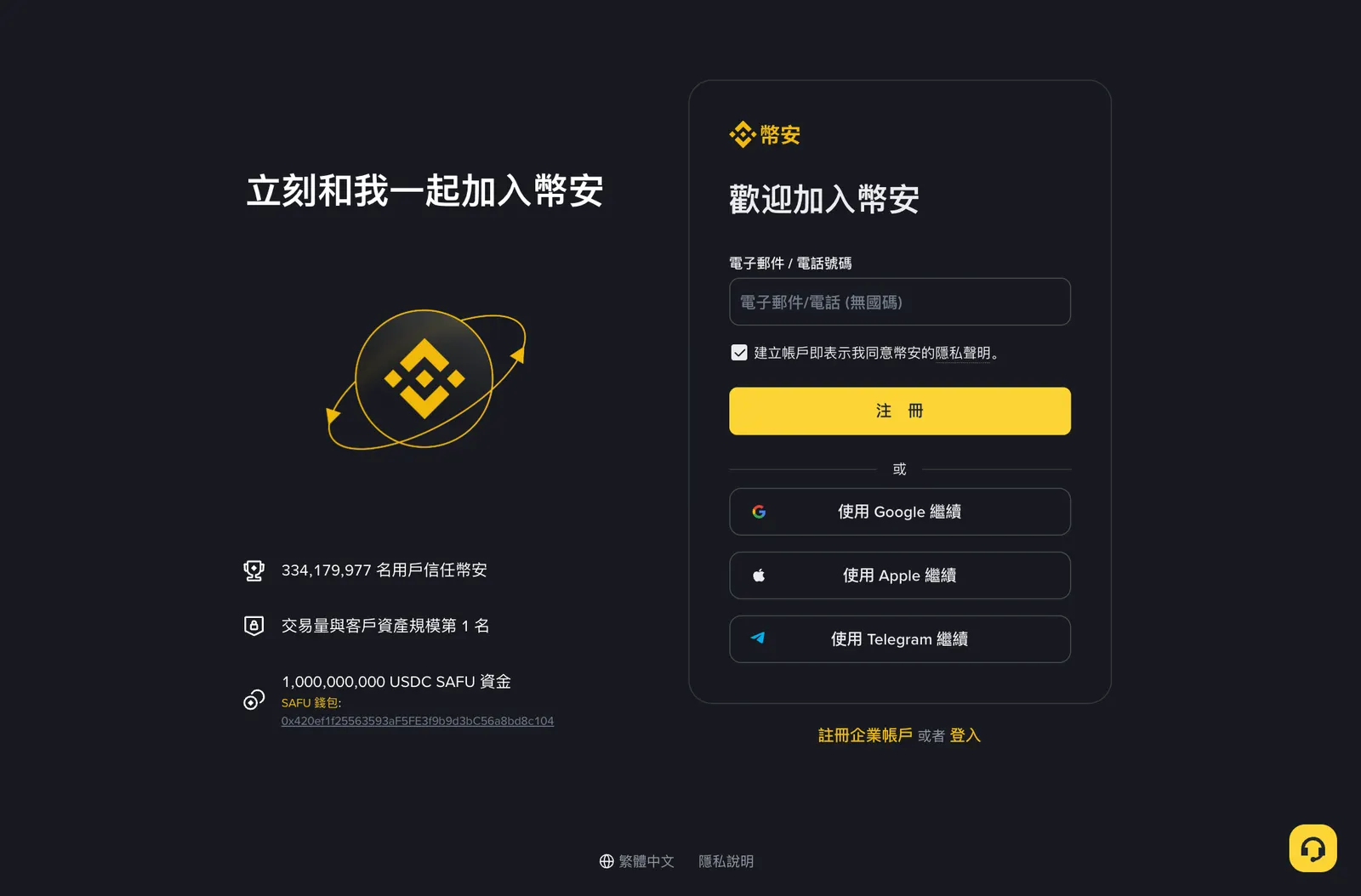 幣安網頁版註冊頁:電子郵件/電話號碼輸入框、註冊按鈕與 Google、Apple、Telegram 快速註冊